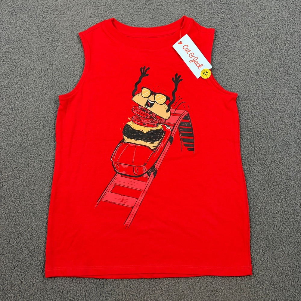 Cat & Jack Tank Top Boys M 8 Red Burger Roller Coaster Graphic Sleeveless Tee